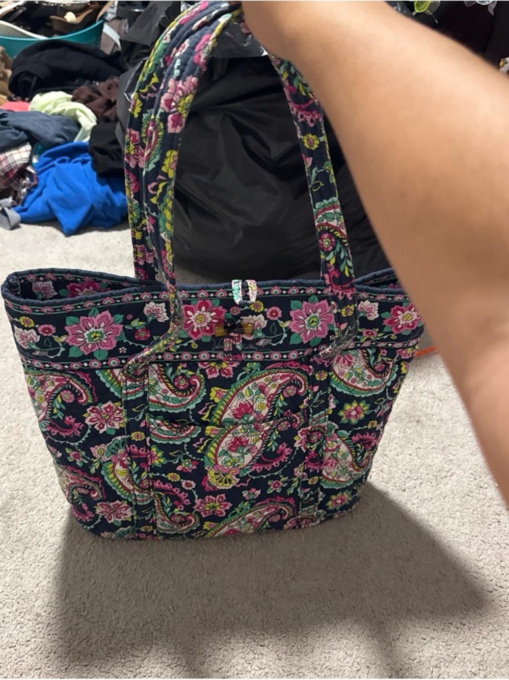 Quilted Floral Paisley Tote Bag in Navy and Pink